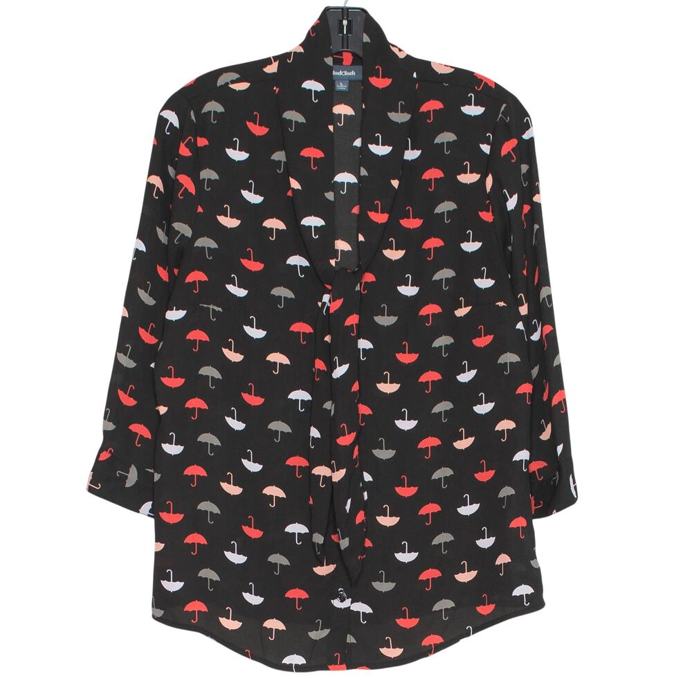 ModCloth Top Umbrella Novelty Indie Twee Tie Neck Button Up Black 3/4 Sleeve L